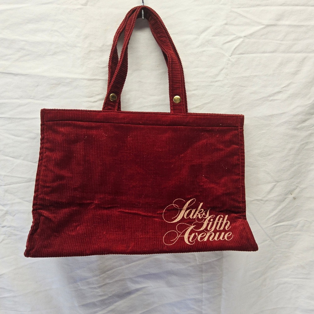 Saks Fifth Avenue Tote Bag Womens Medium Red Corduroy Logo Graphic Gold Studs